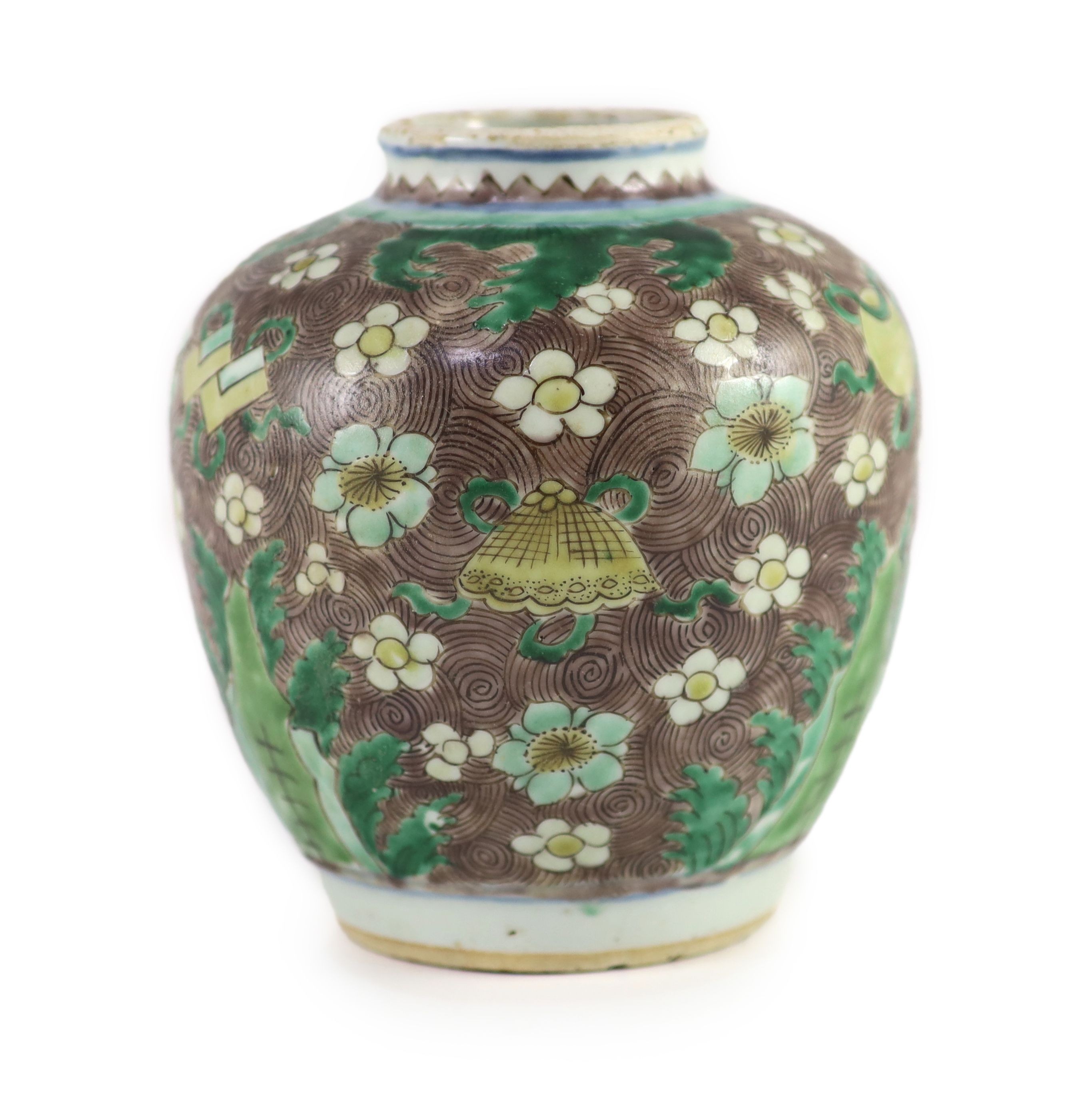 A Chinese enamelled porcelain ovoid jar, early Kangxi period, 16cm high